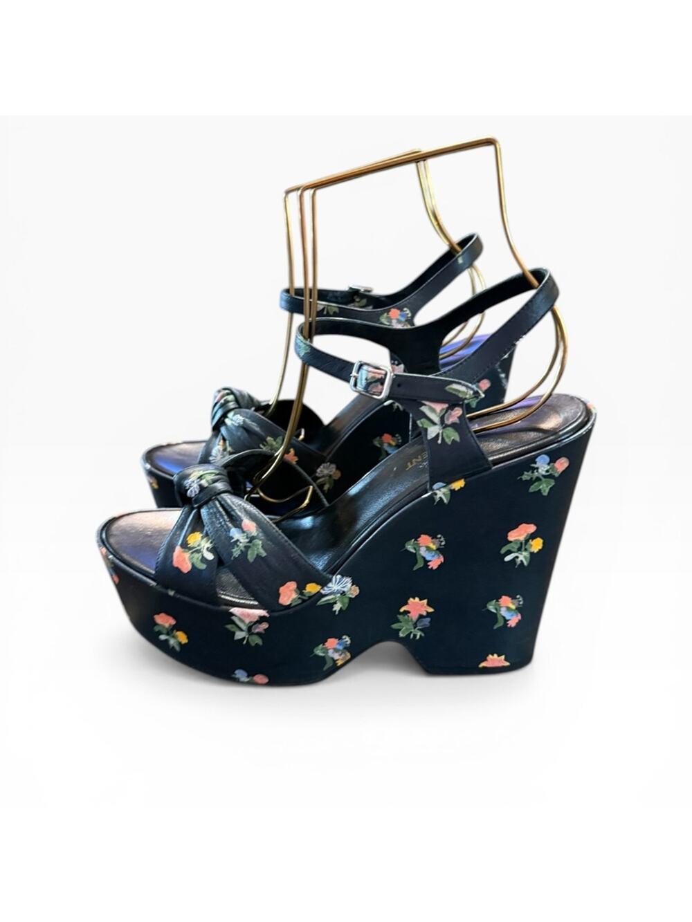 SAINT LAURENT Candy Black Floral Leather Wedge Platform Sandals EU 39 US 9